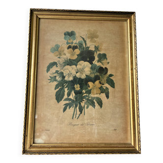 Framed lithograph of a bouquet of violets by PJ Redouté.
