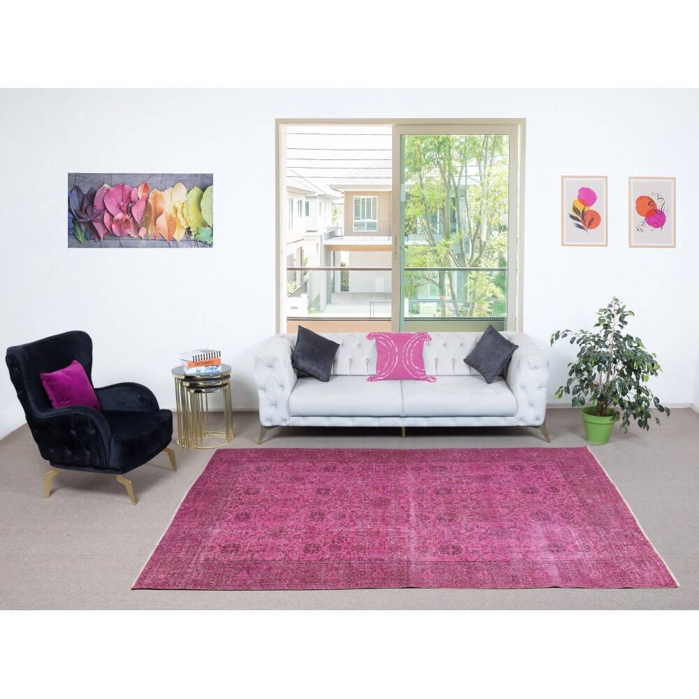 Vintage Handmade Turkish Wool Area Rug Redyed in Pink for Modern Interiors