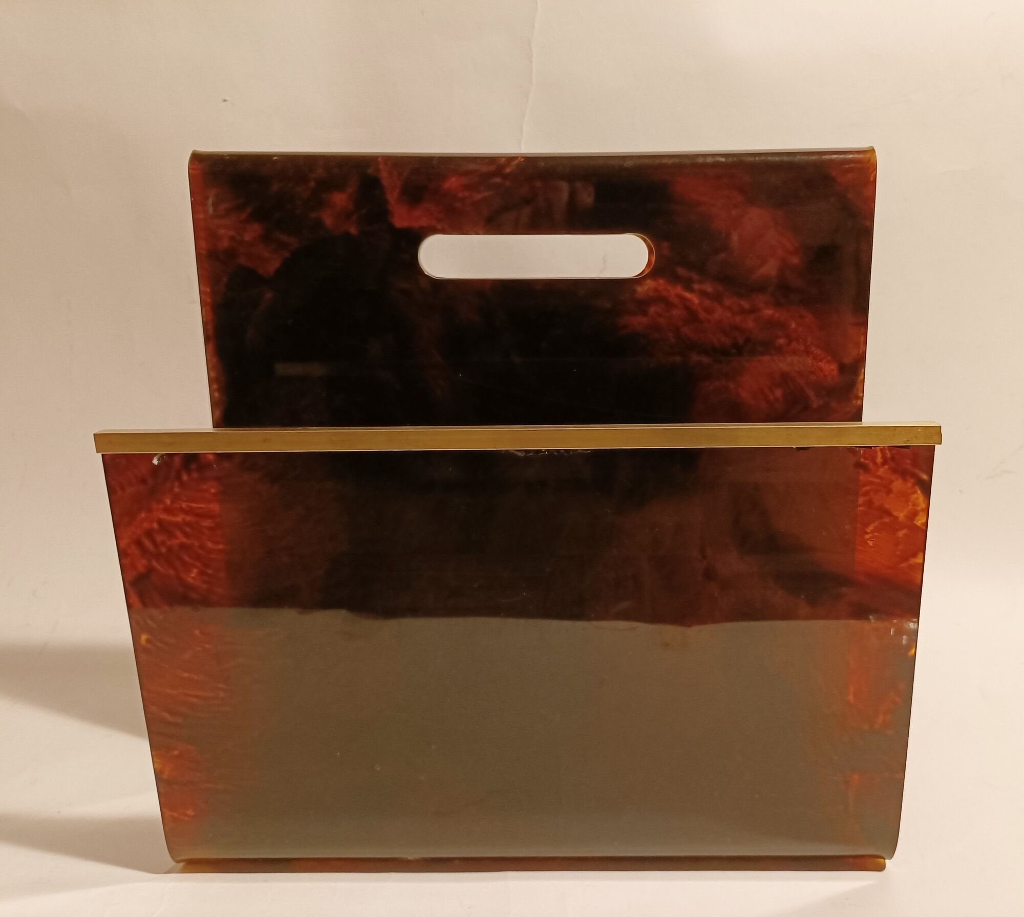 Vintage magazine holder tortoiseshell style & golden brass. Italy 1970