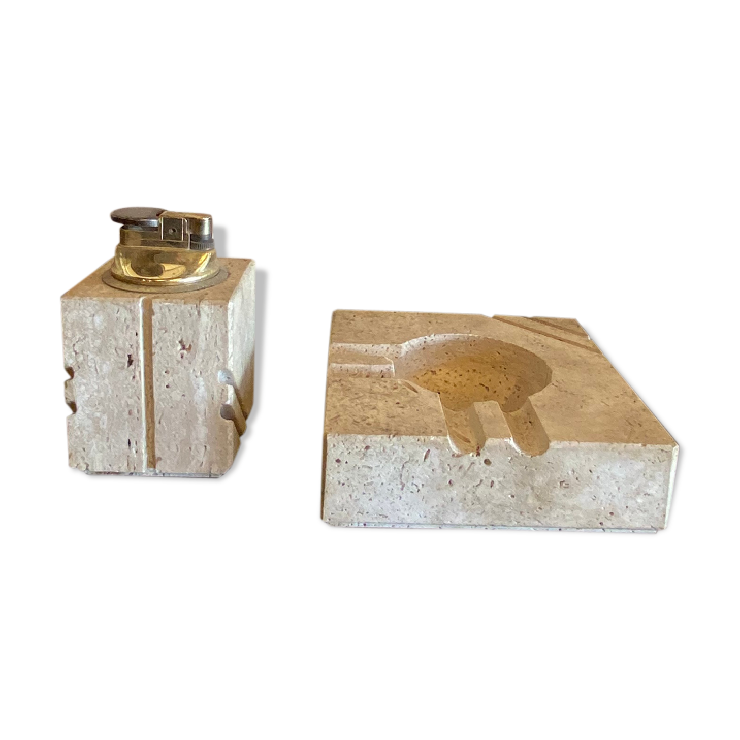 Cerrie Nestore travertine ashtray and table lighter set