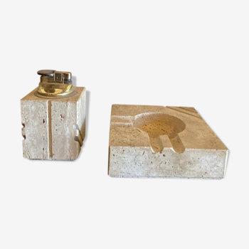 Cerrie Nestore travertine ashtray and table lighter set