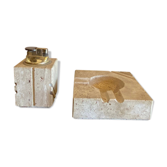 Cerrie Nestore travertine ashtray and table lighter set