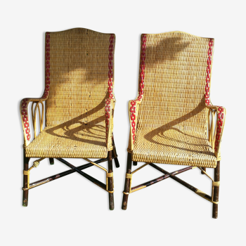 Wicker or rattan armchairs and bamboo