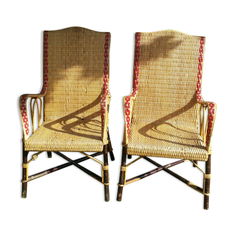 Wicker or rattan armchairs and bamboo