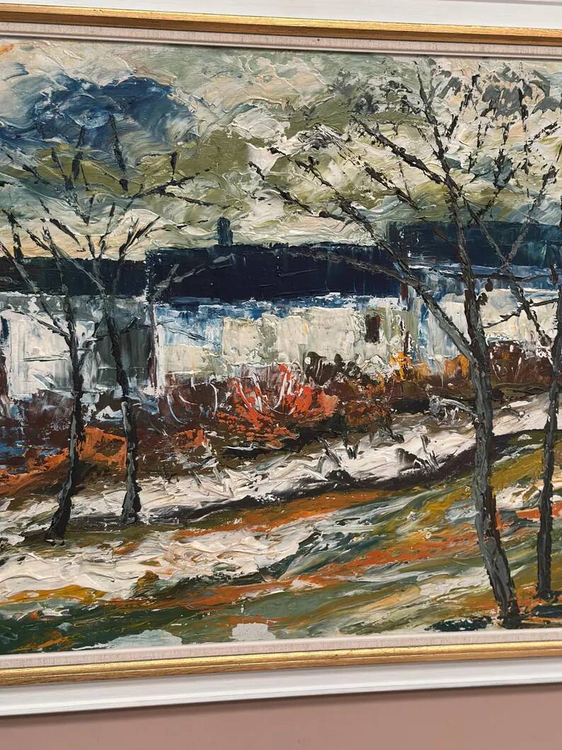 Large Original Swedish Oil on Panel – “Landscape with Houses and Trees” by Stig Hallblom – Signed – Vintage & Framed 90×59.5cm (35.4"×23.4")