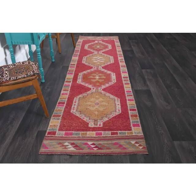 Vintage Turkish Hand-Knotted Wool Cotton Pink Runner Rug 88x342