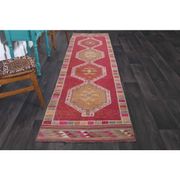 Vintage Turkish Hand-Knotted Wool Cotton Pink Runner Rug 88x342