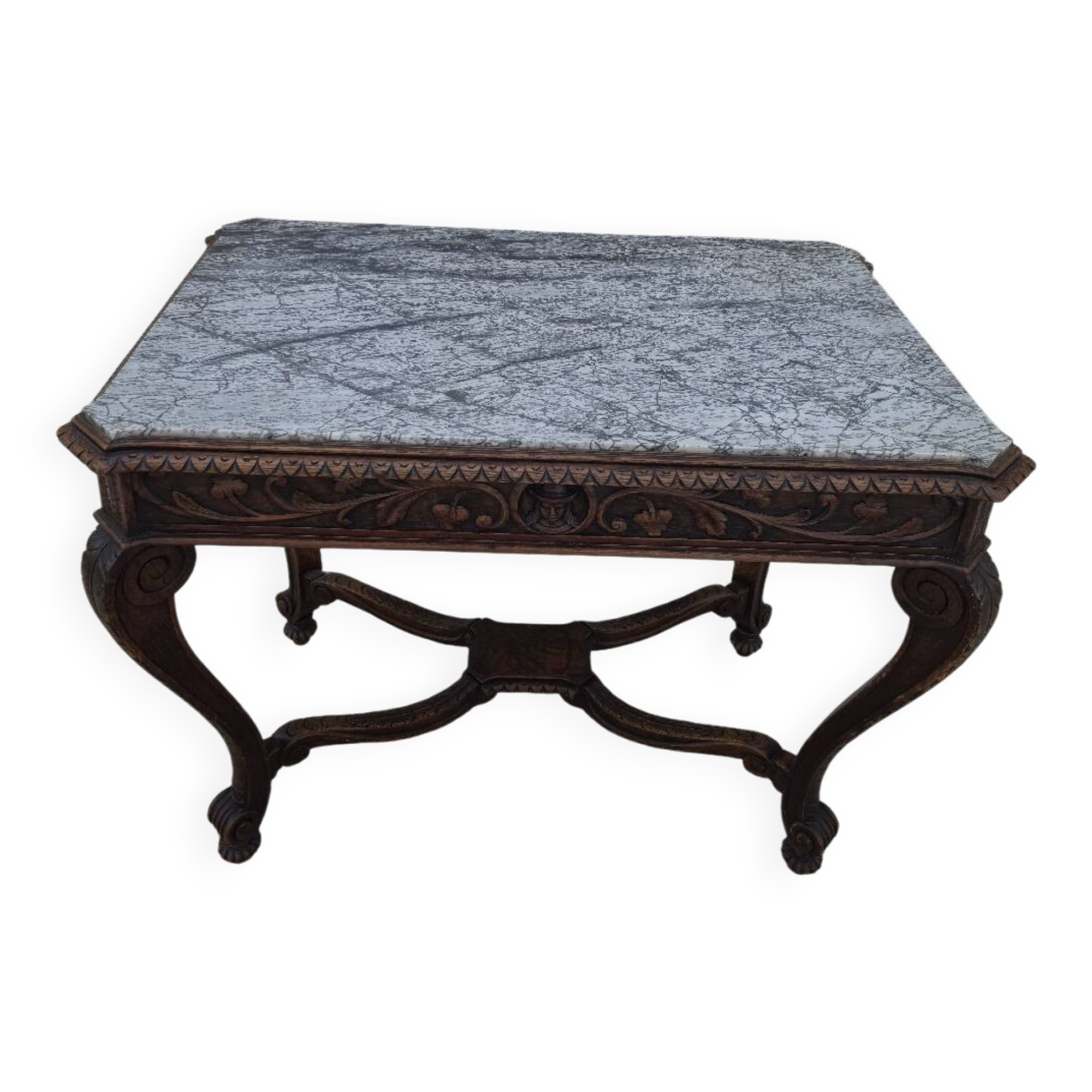 Louis XV style game table in solid oak and richly decorated marble