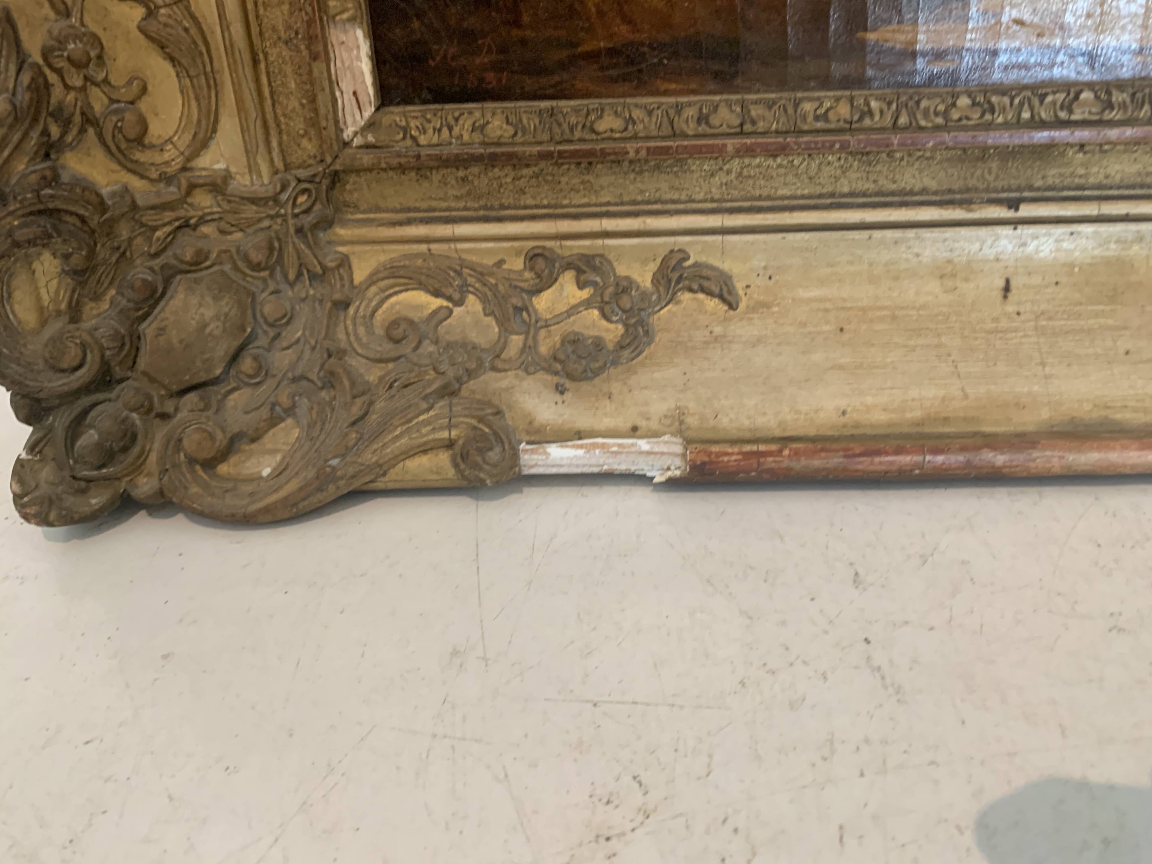 Oil on canvas "Animated landscape" wooden frame and gilded stucco 19th century