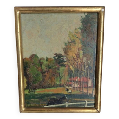 Tableau ancien paysage chevaux