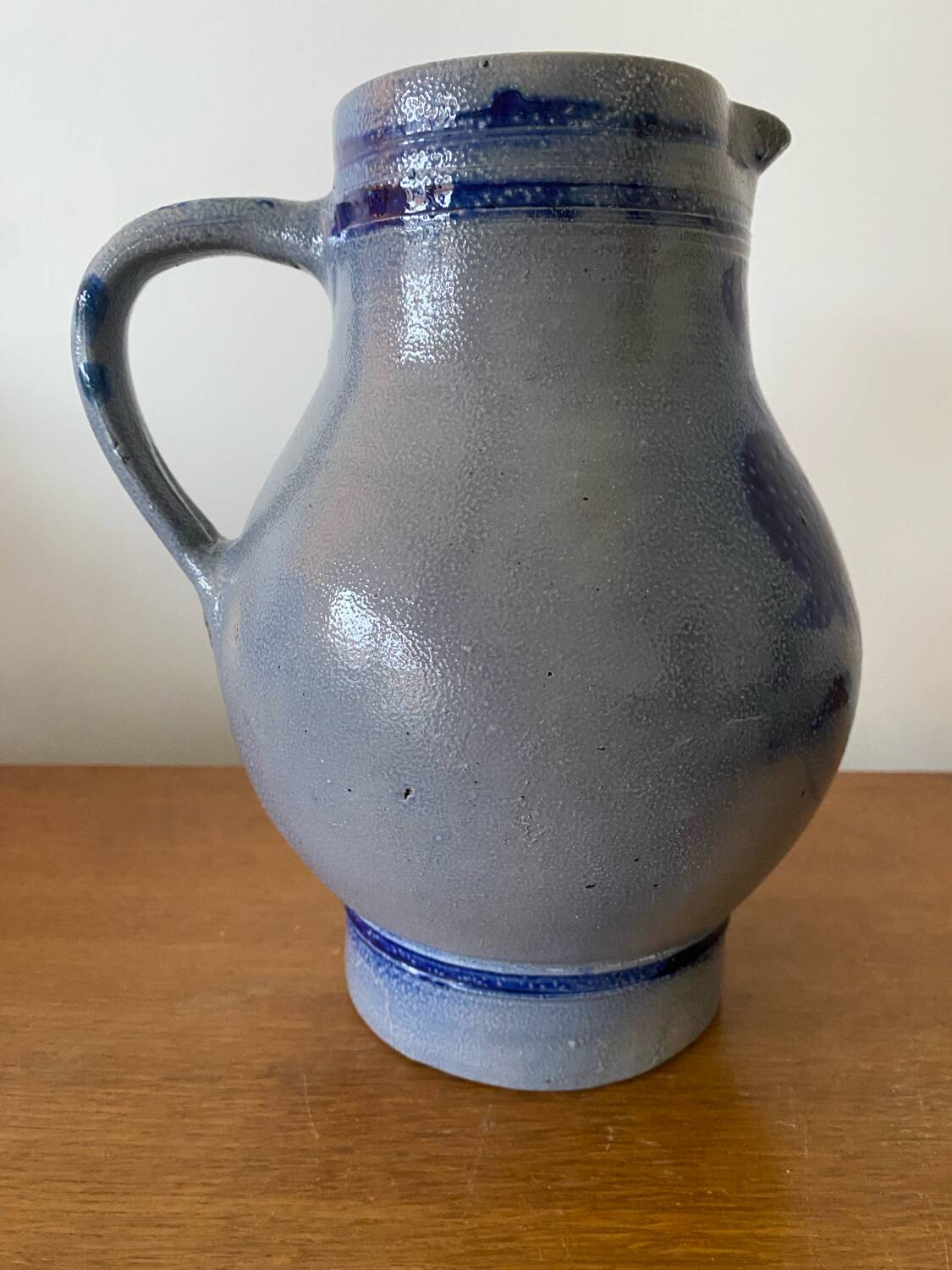 Antique Blue Stoneware Pitcher Deco Flowers 2 Liters Vintage