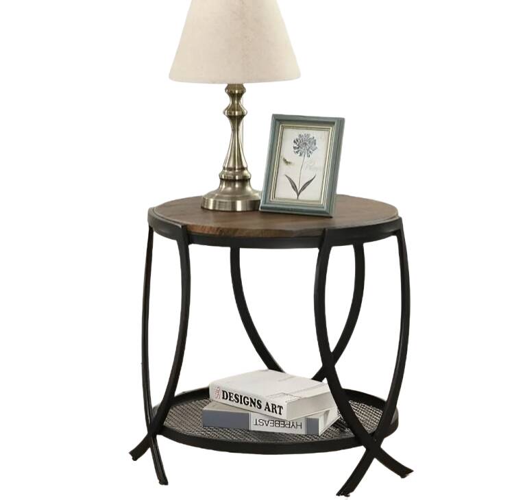 Round Industrial End Table with Storage Shelf & Adjustable Feet, Rustic Brown Top, Black Metal Frame