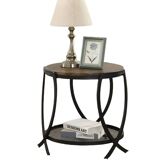 Round Industrial End Table with Storage Shelf & Adjustable Feet, Rustic Brown Top, Black Metal Frame