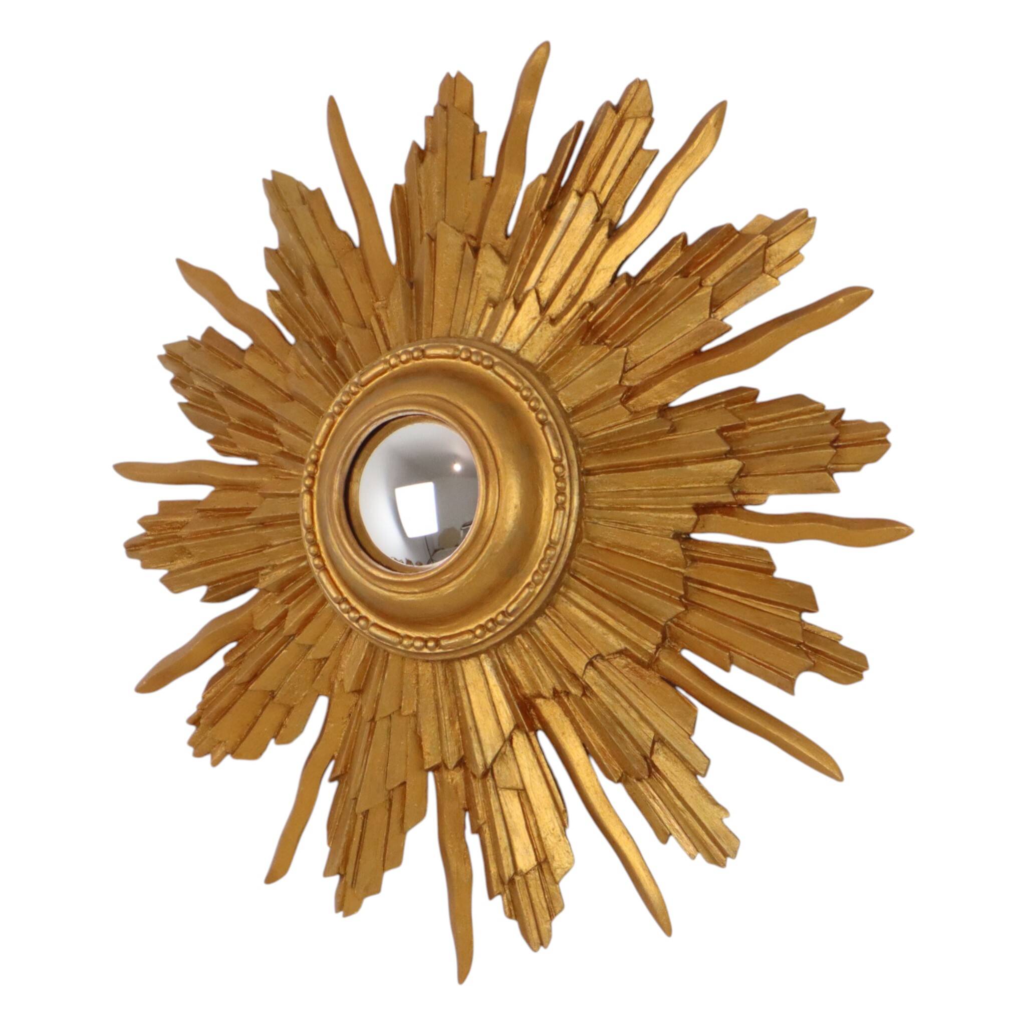 Vintage Wooden Sunburst Convex Mirror, Gold, 46cm