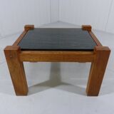Brutalist coffee side table in oak & natural stone 1970's