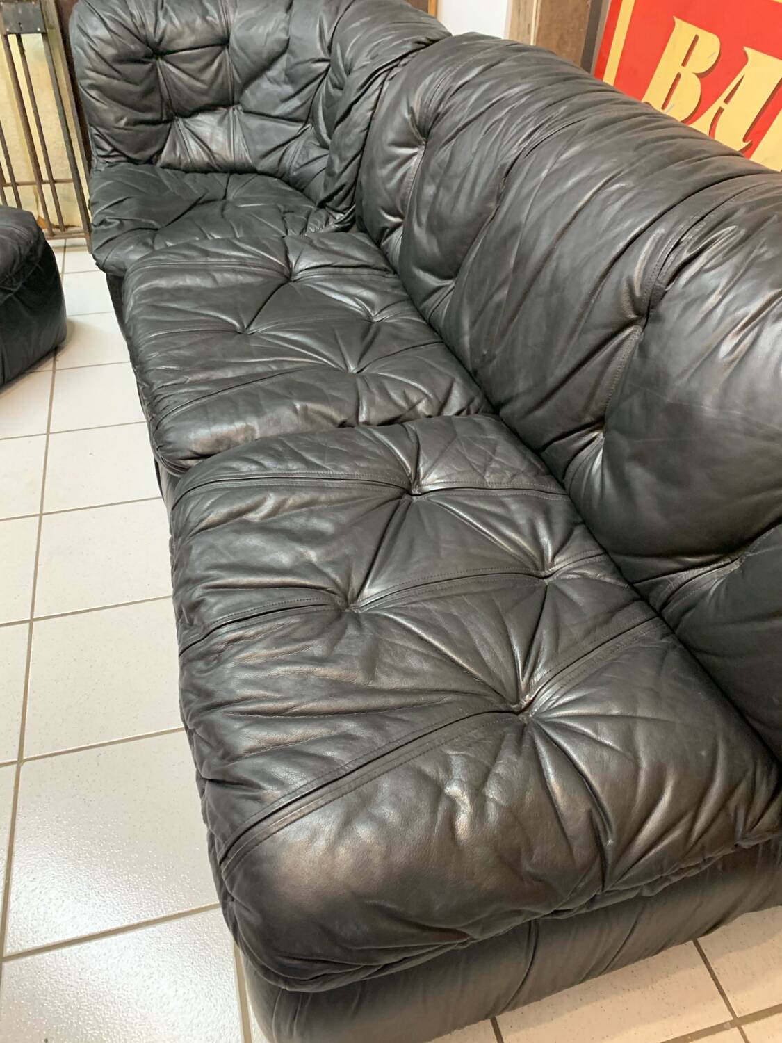 Vintage Black Leather Sofa Design Circa 1980