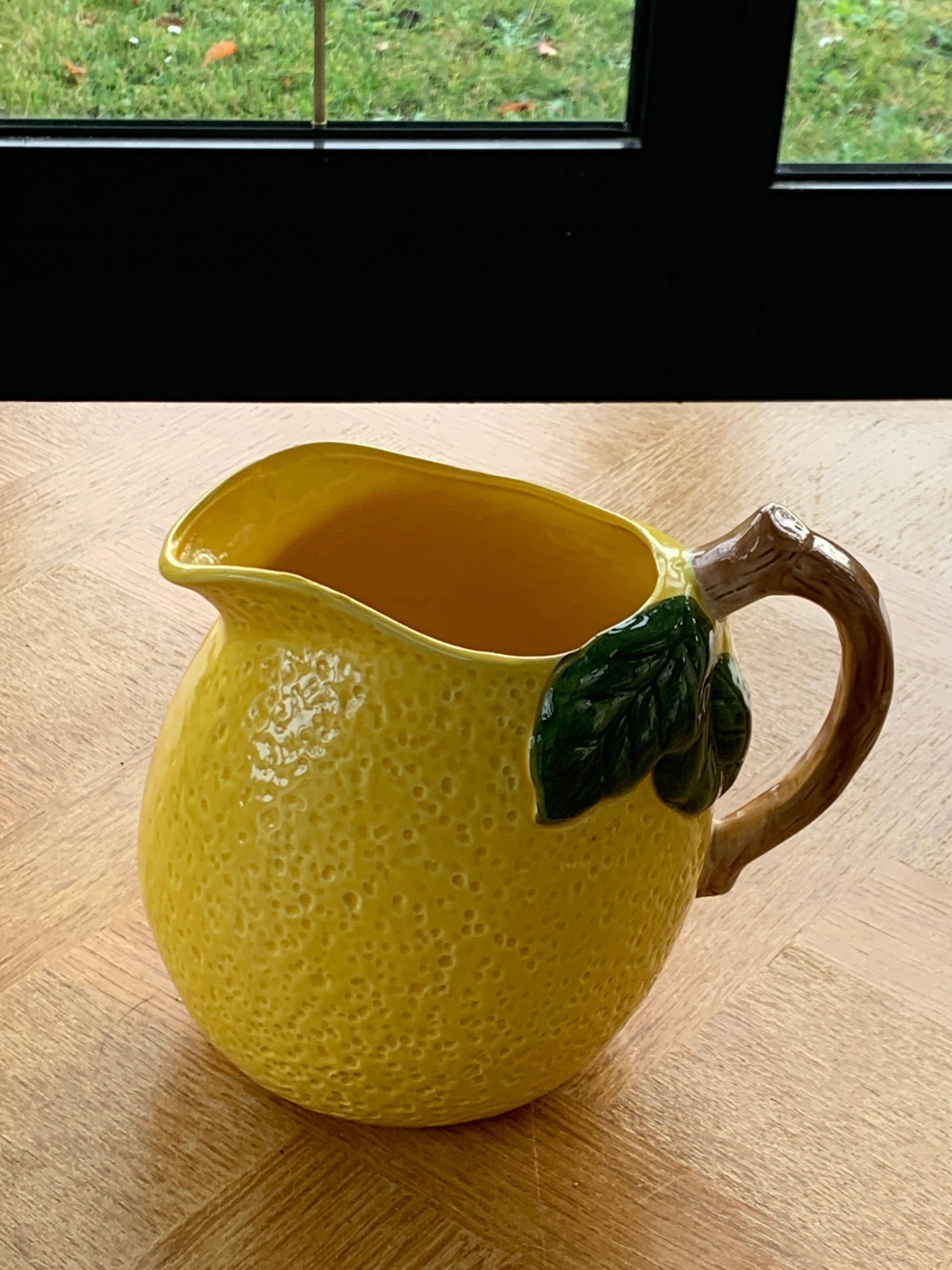 Lemon pitcher in ceramic slurry glazed yellow and green vintage