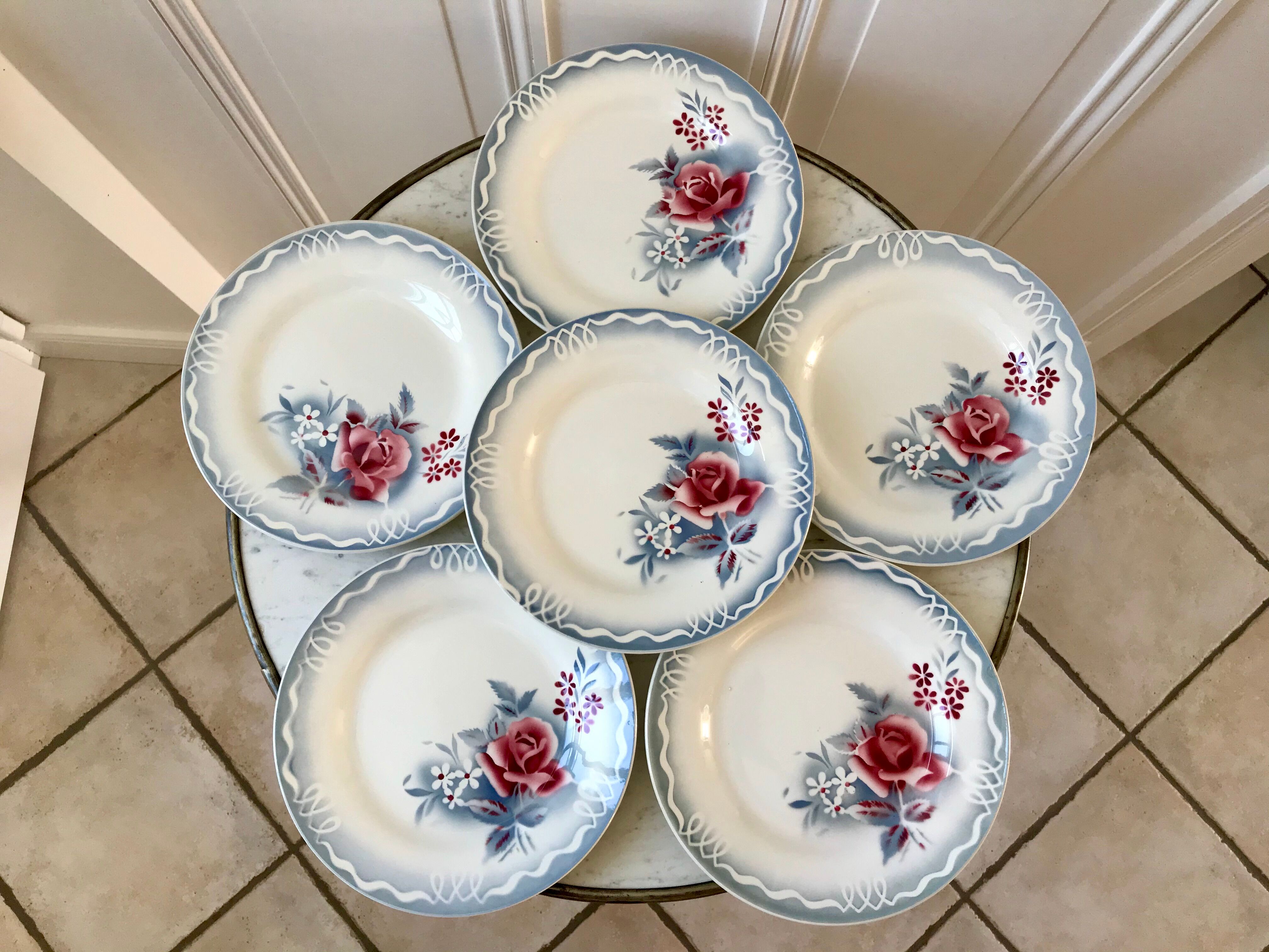 set of 6 flat plates Digoin Sarreguemines model "Lot" 30s