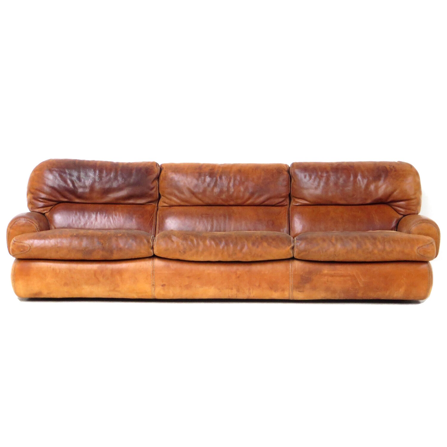 Vintage 3-seater lounge sofa in thick cognac leather