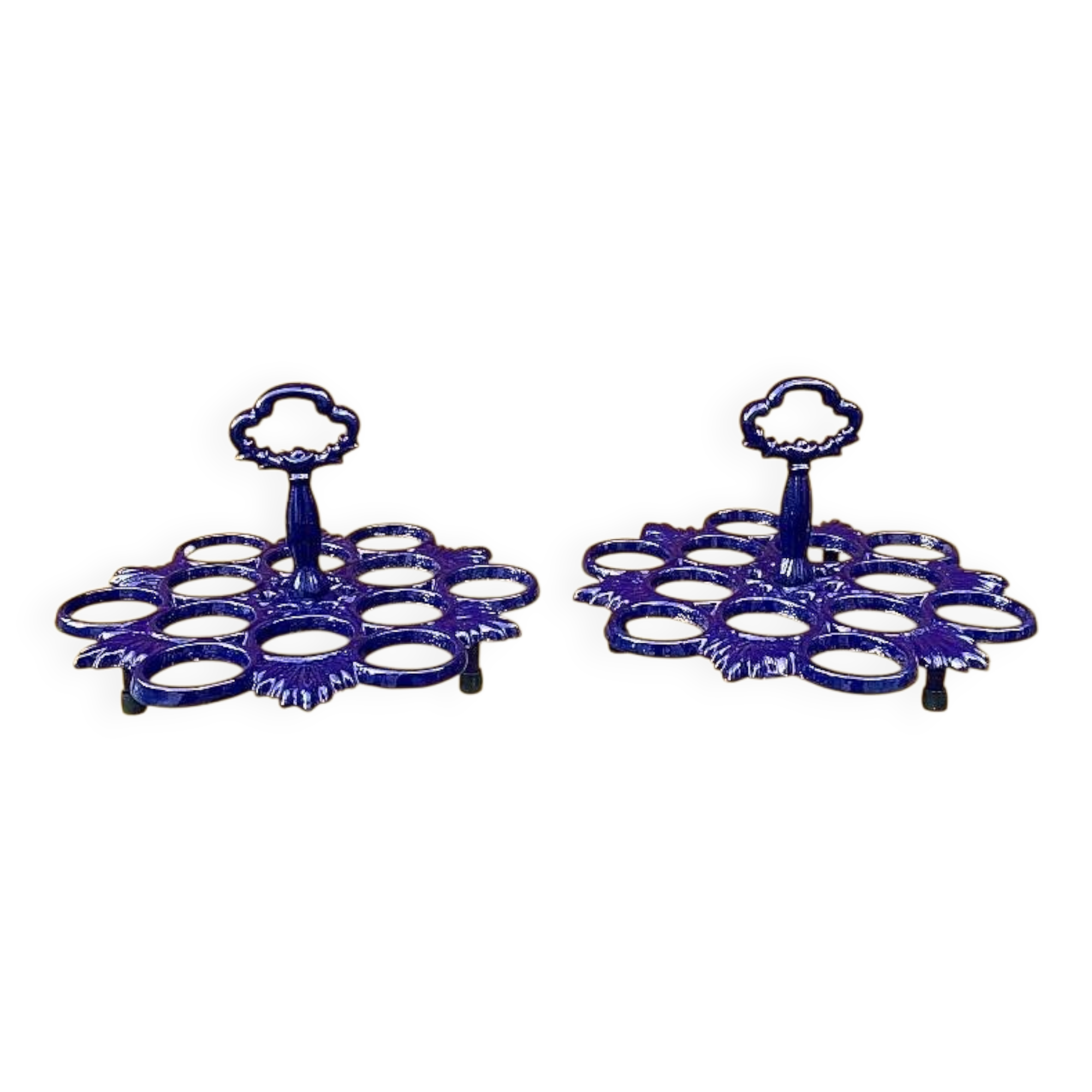 Pair of antique blue enamelled cast iron egg stands - 1960s