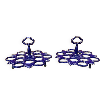 Pair of antique blue enamelled cast iron egg stands - 1960s