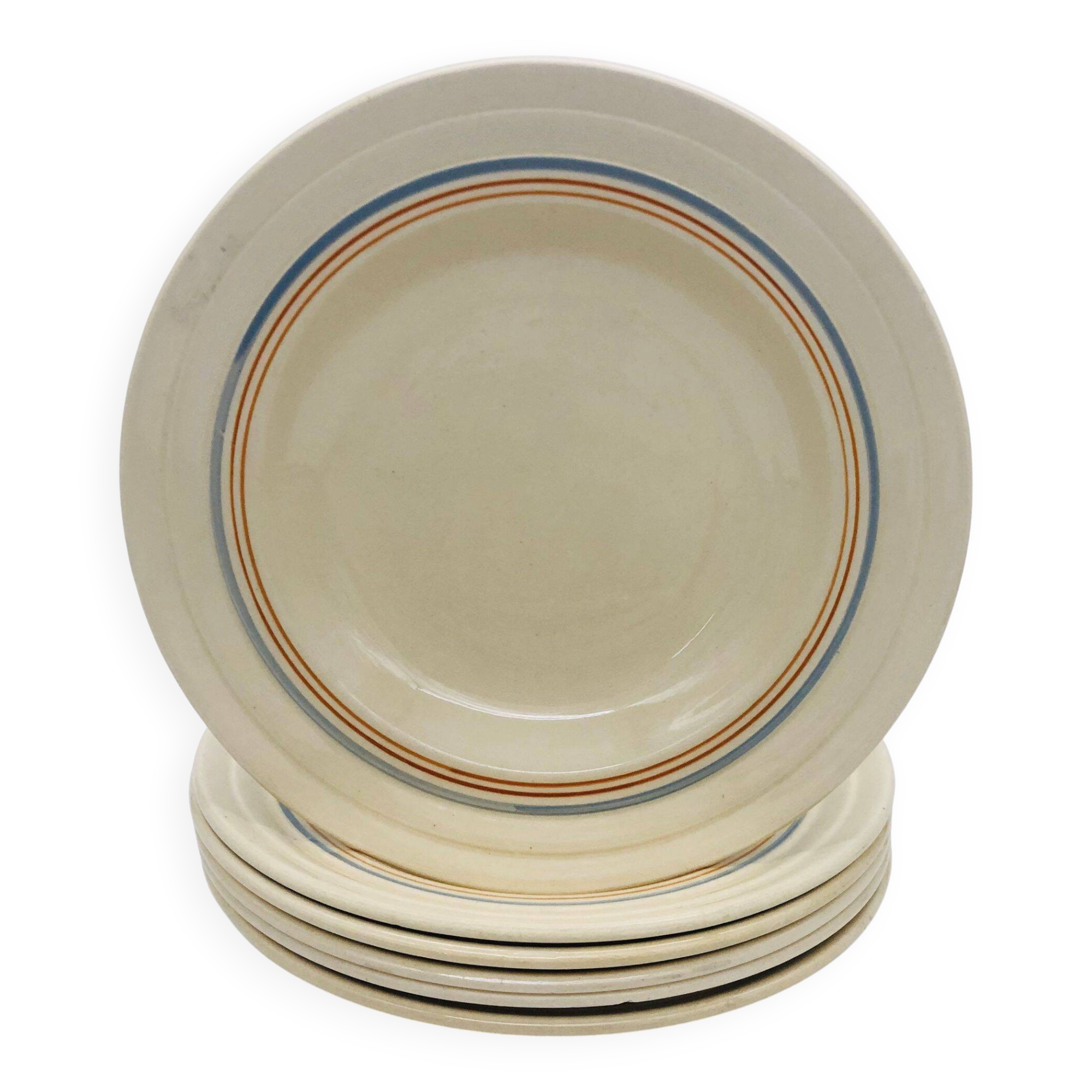 6 assiettes creuses avec de fin décor de liserés bleu et brun.