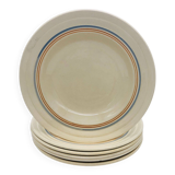 6 assiettes creuses avec de fin décor de liserés bleu et brun.