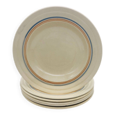 6 assiettes creuses avec de fin décor de liserés bleu et brun.