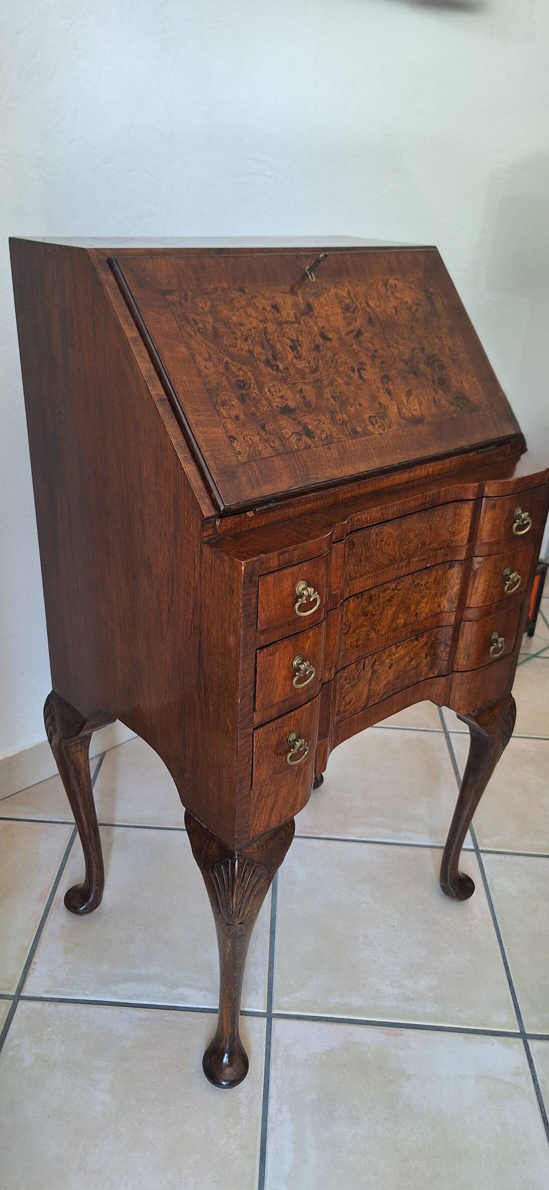 1930's Queen Anne walnut veneer secretary – slanted drop-down desk –