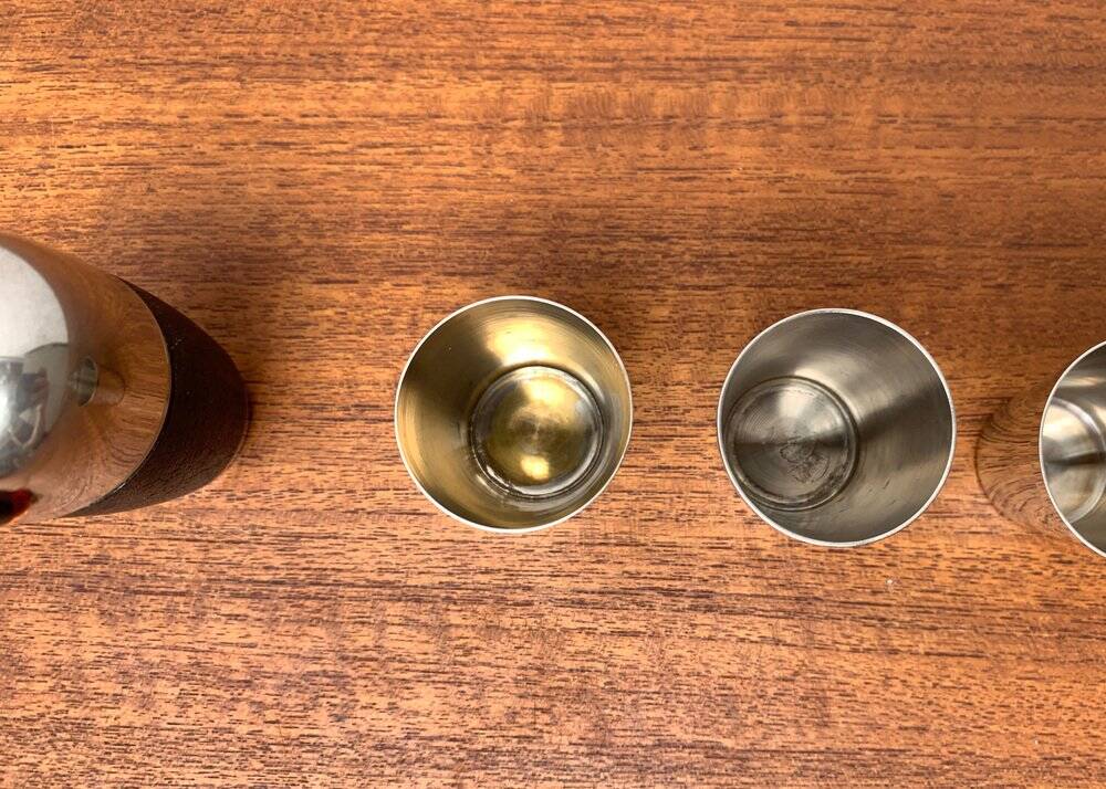 Set of 5 metal shot glasses in German owl style from the mid-century, 1960s.