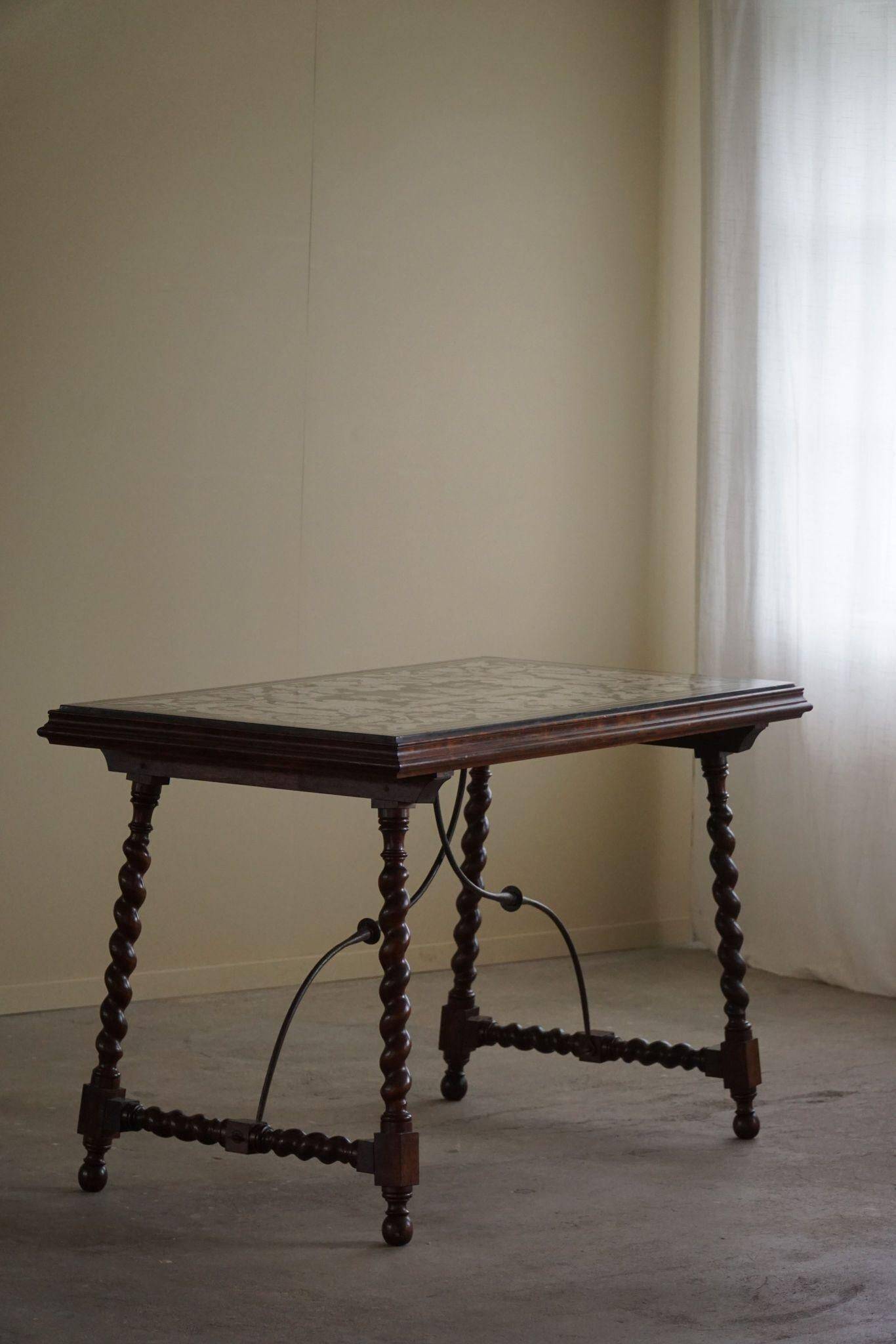 Antique Italian desk table, walnut and marble, Naples, 19th century.