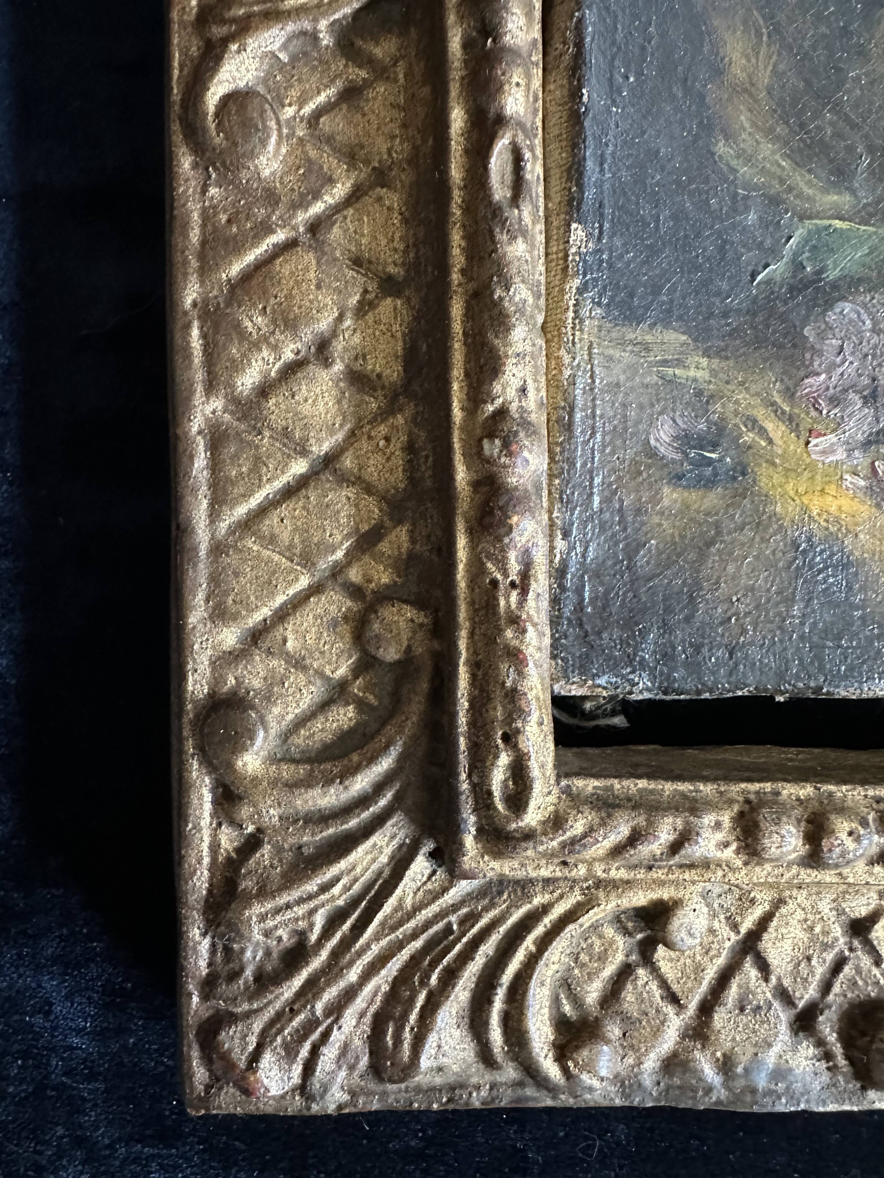 Tableau ancien fleurs signé avec cadre en bois et stuc doré, XIXe