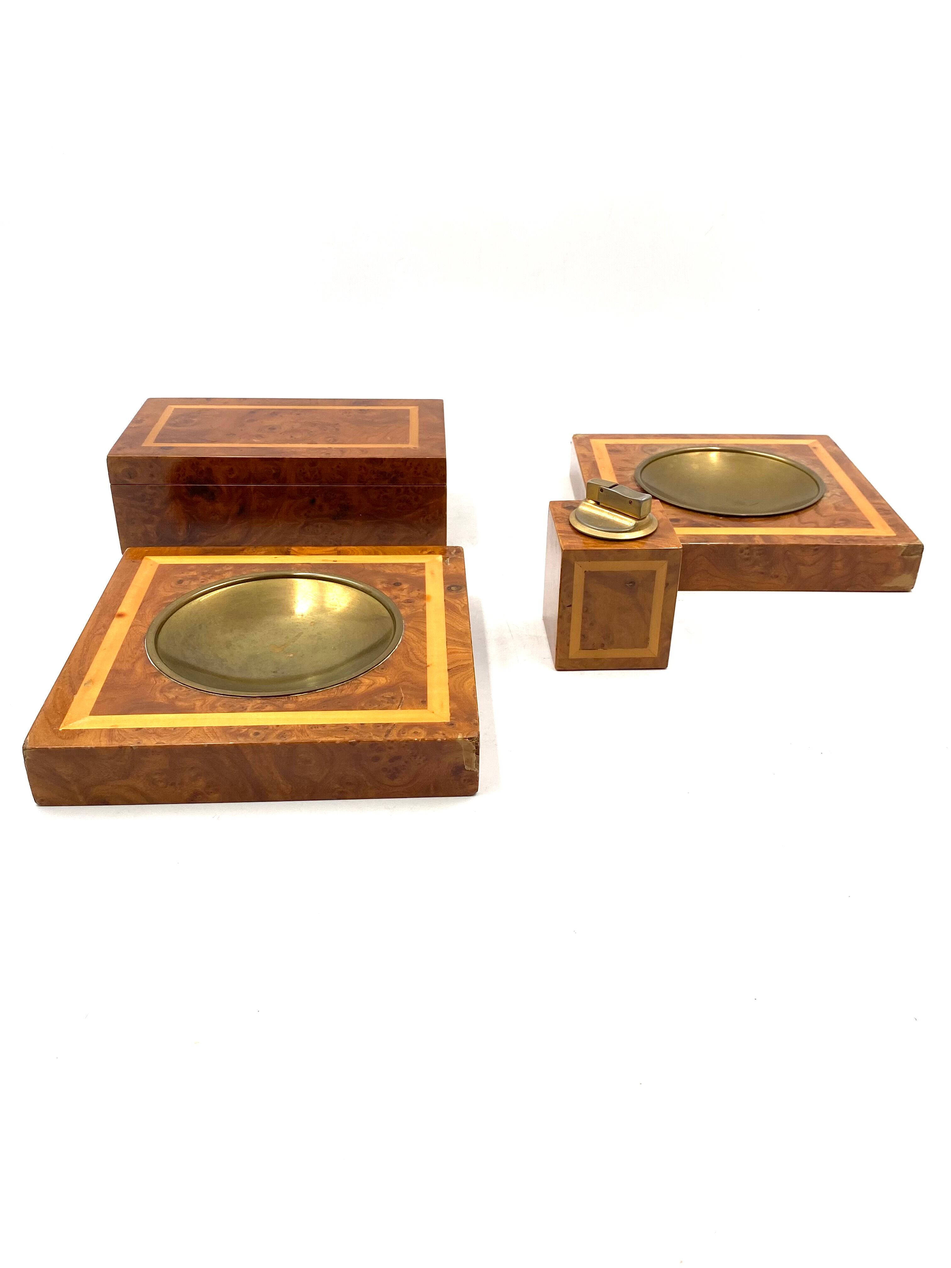 Smoking Set, brass and wood ashtrays, lighter and cigars box, Italy 1970