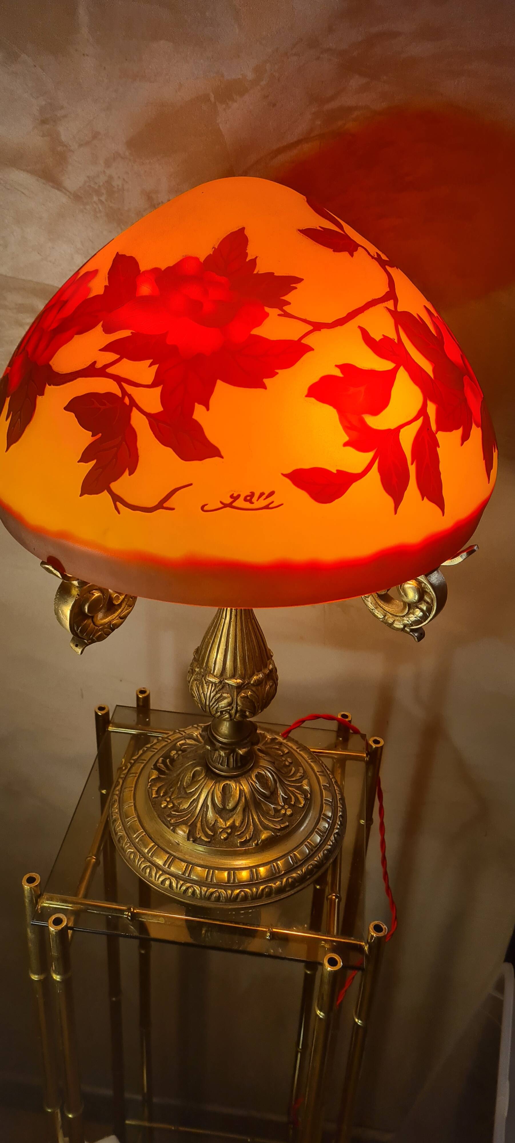 large bronze mushroom lamp with magnificent glass paste signed 7kg h51x33