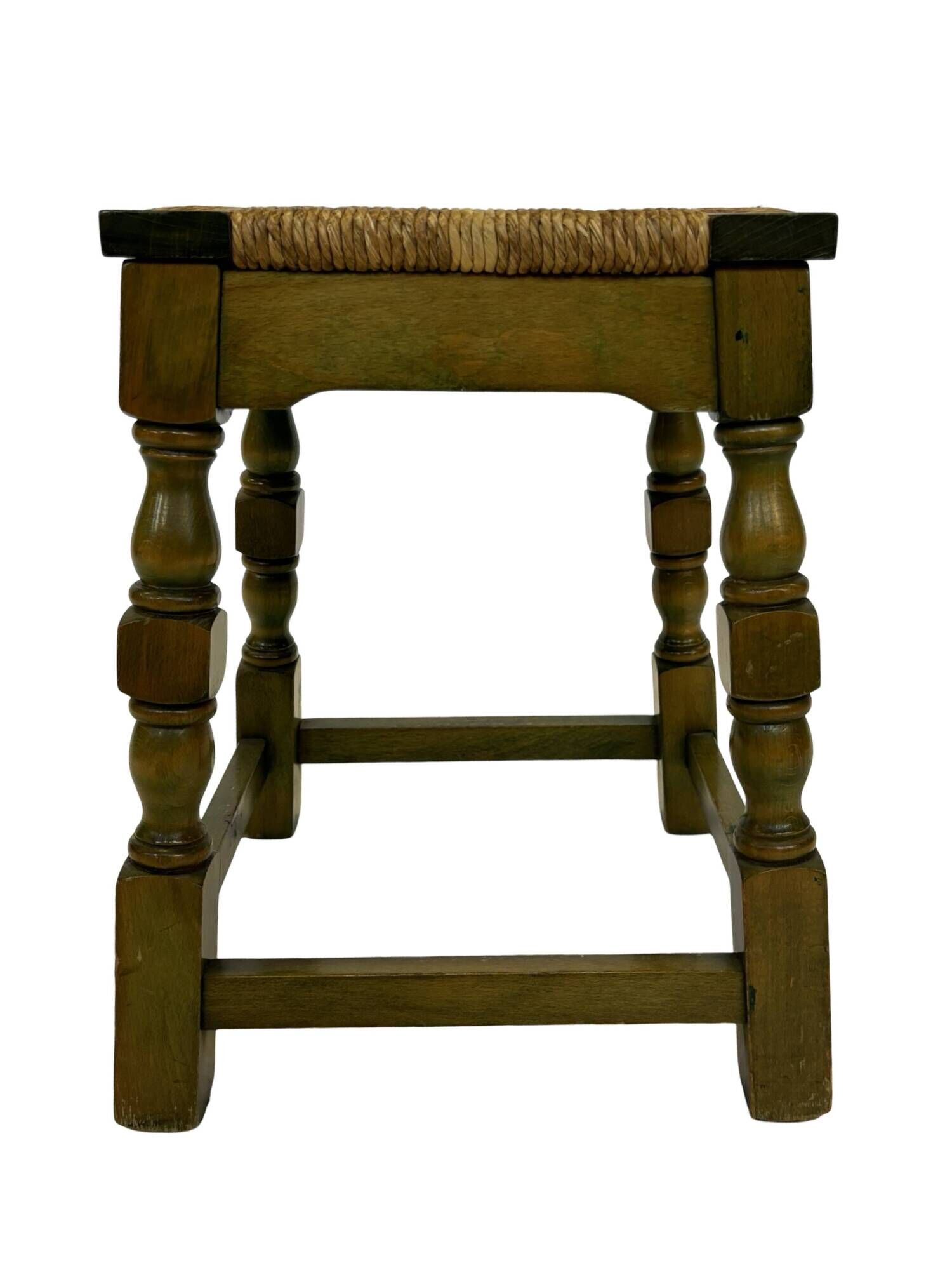 Vintage wooden stool straw seat 70s minimalist design in green