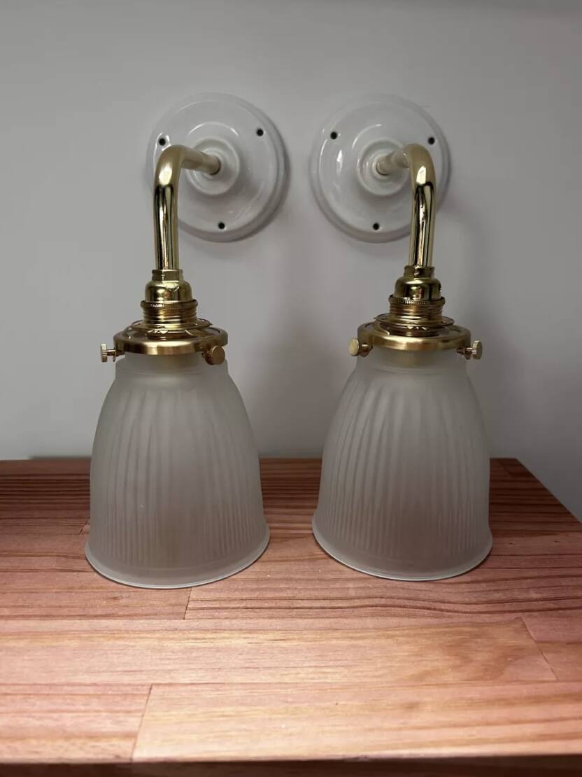 Pair of ribbed glass tulip wall sconces