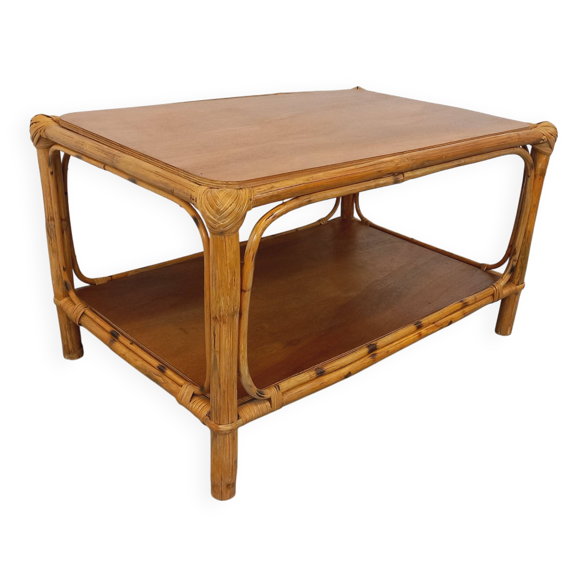 Vintage rattan and wood coffee table