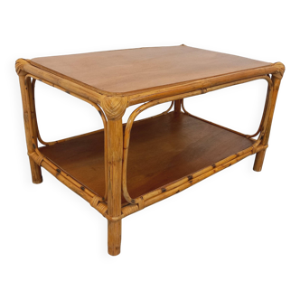 Table basse vintage en rotin et bois