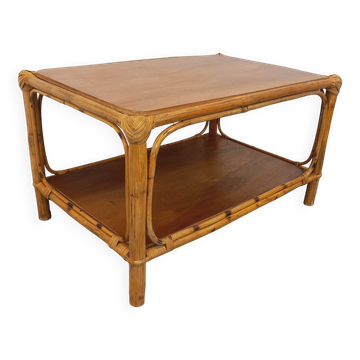 Table basse vintage en rotin et bois