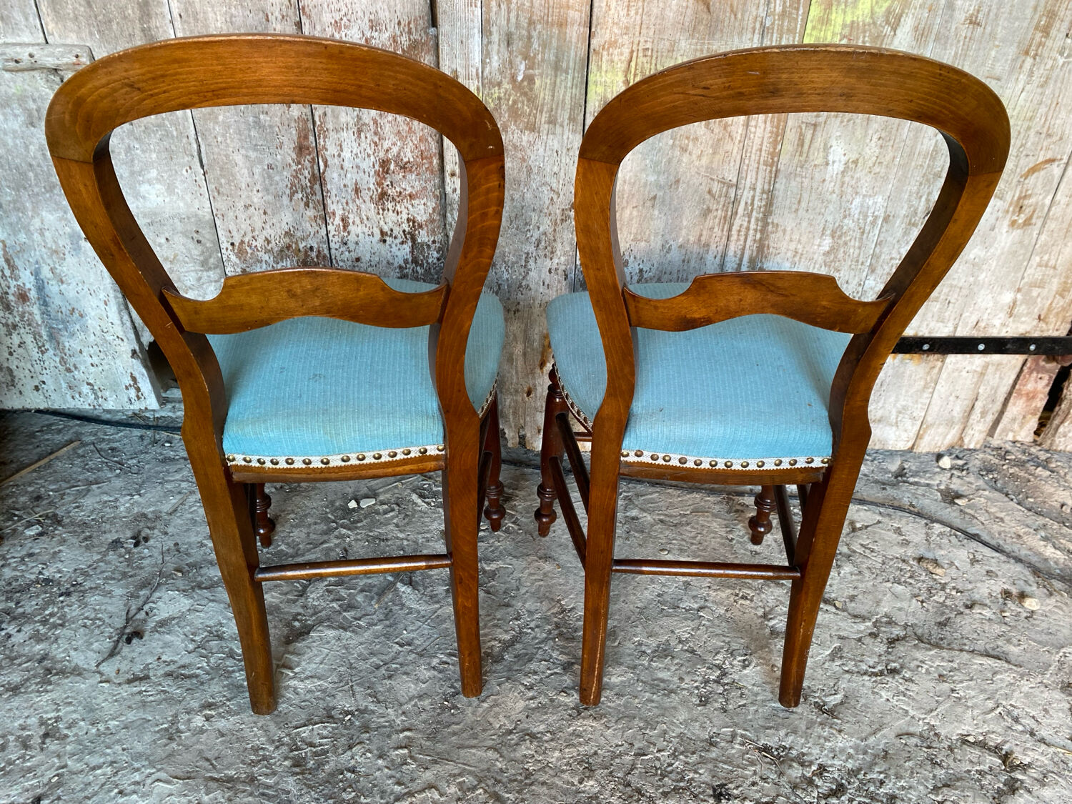 Pair of antique louis philippe chairs wood + blue vintage fabric seat
