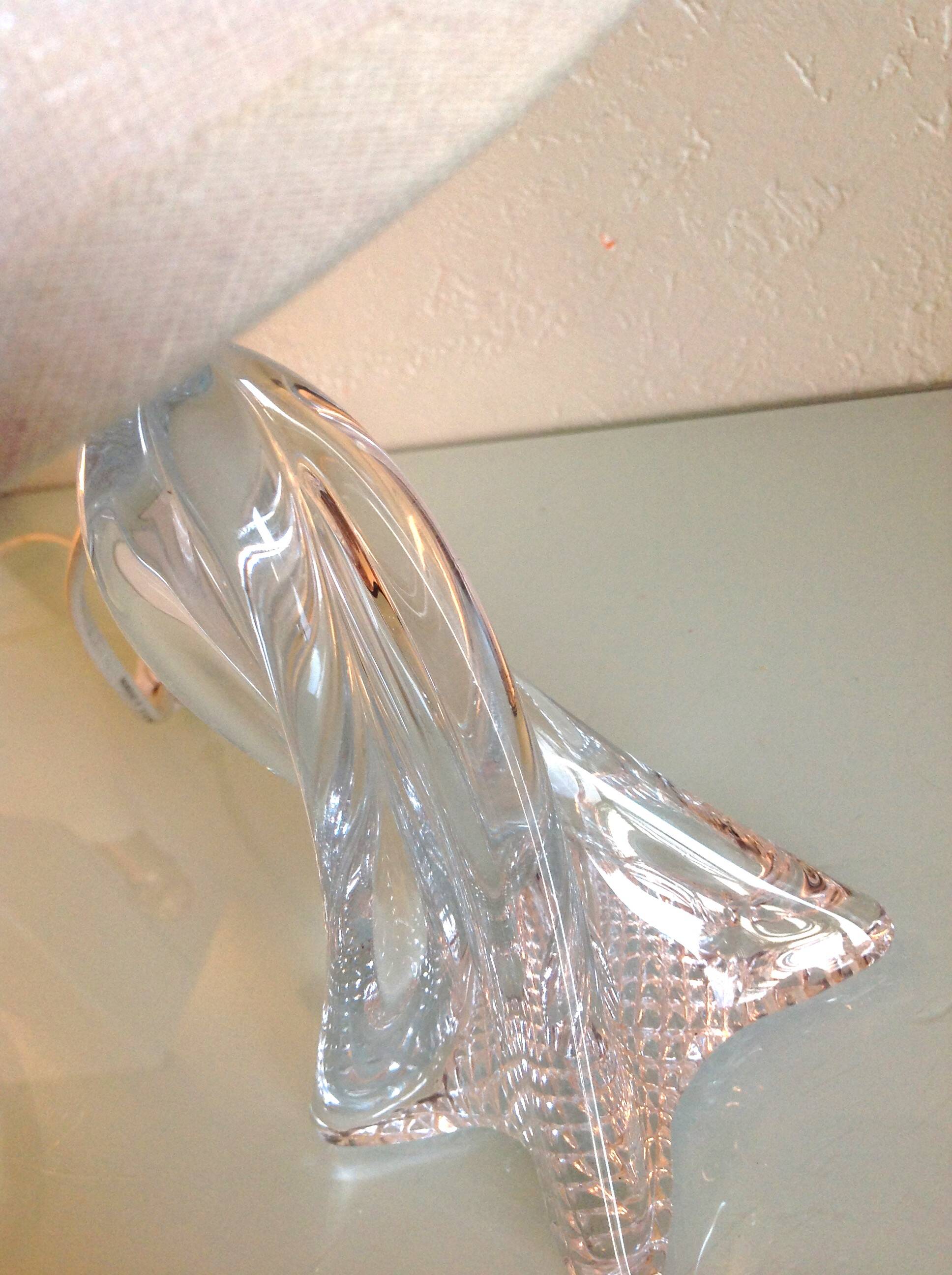 Bedside lamp with glass base and beige fabric lampshade / vintage 60s-70s