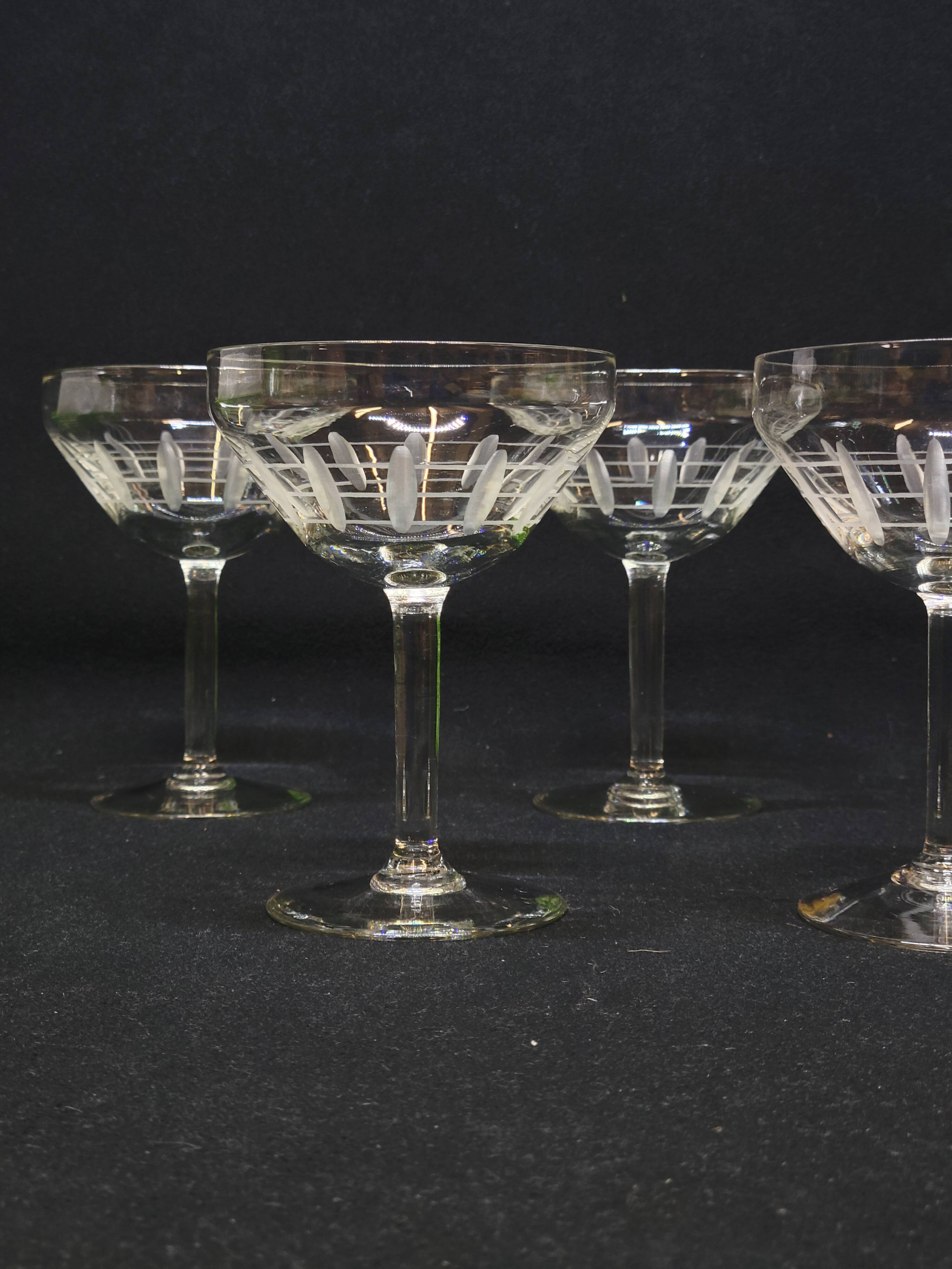5 Antique Art Deco Palmette Cut Crystal Champagne Glasses