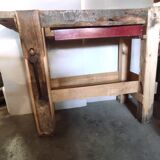 Old homemade vintage solid wood workbench with press and drawer