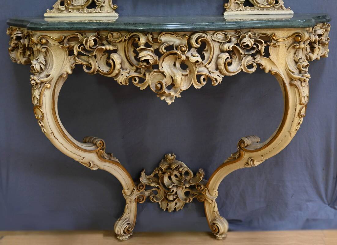 Painted Wooden Console-Mirror Set – 20th Century