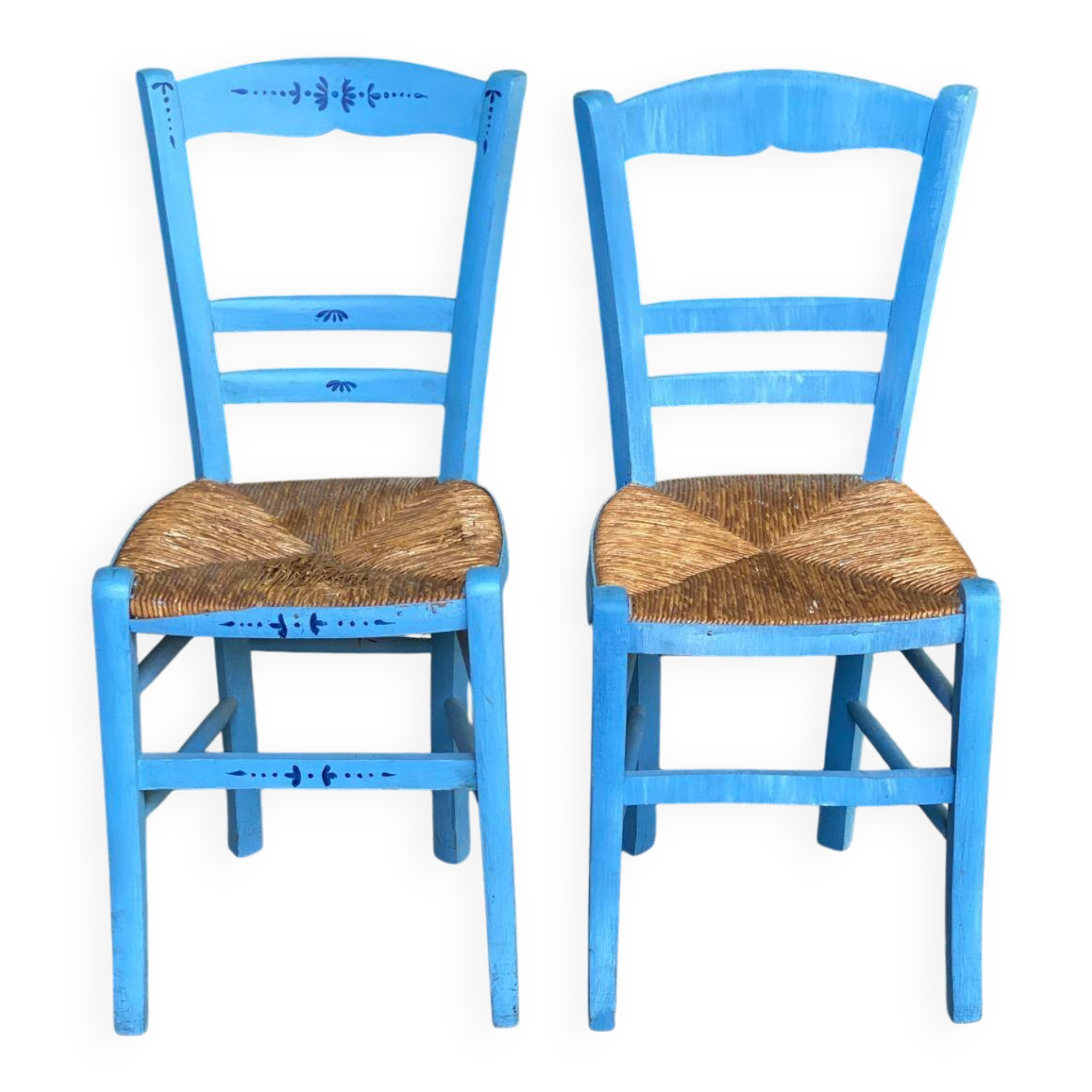 2 solid wood chairs in blue straw
