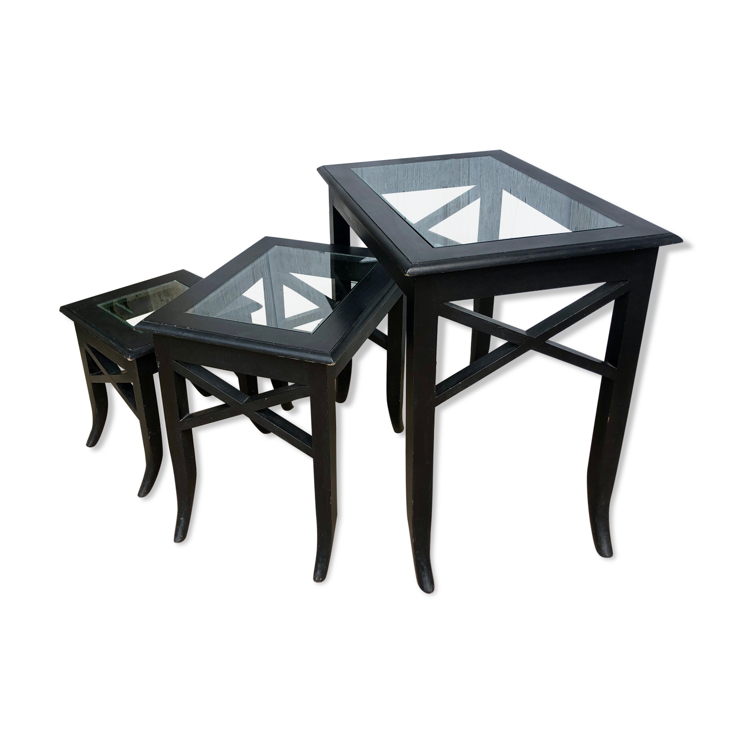 Set de 3 tables gigognes en verre et bois noir