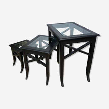 Set de 3 tables gigognes en verre et bois noir