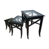 Set de 3 tables gigognes en verre et bois noir