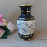 Black and gold vintage vase, ribbed decorated vase, black marble ceramic vase, oriental vase