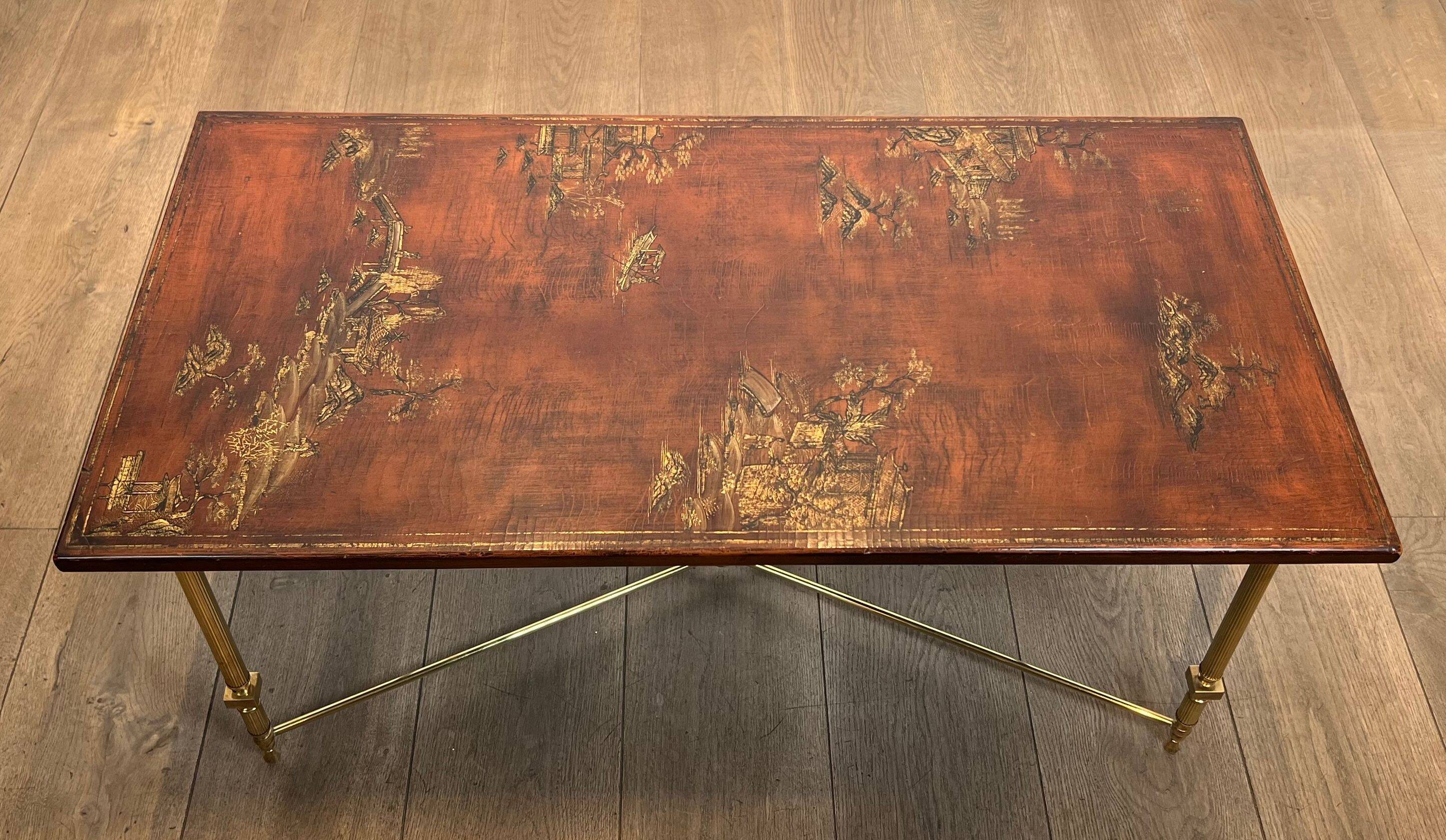 Neoclassical style brass coffee table with lacquered top depicting chinoiserie scenes, attributed to Maison Jansen